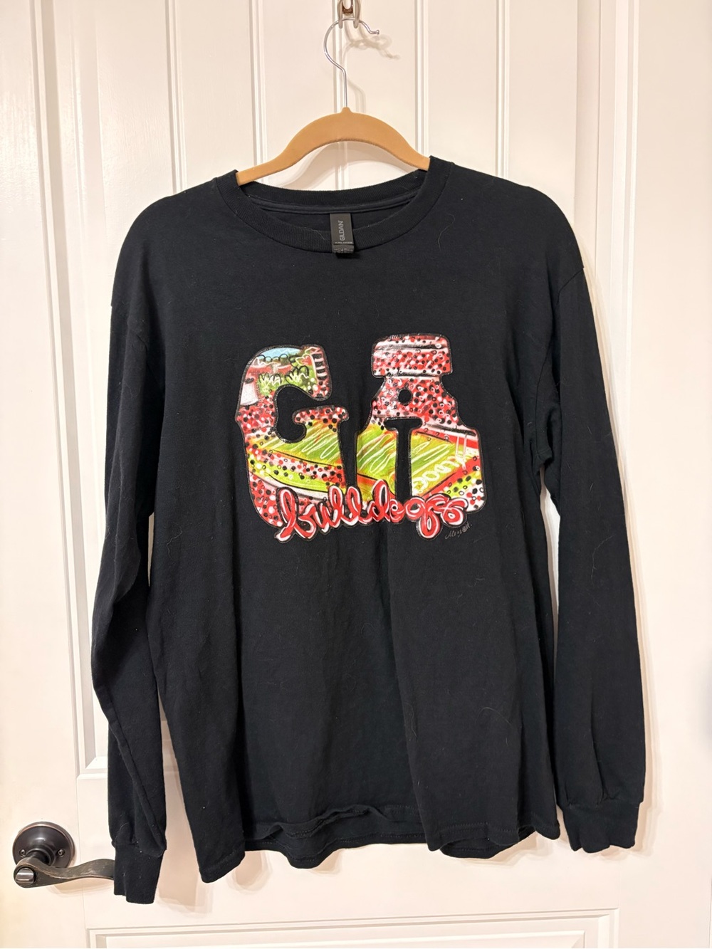 Gildan Black Long Sleeve Tee with Multicolor 'GA' Appliqué